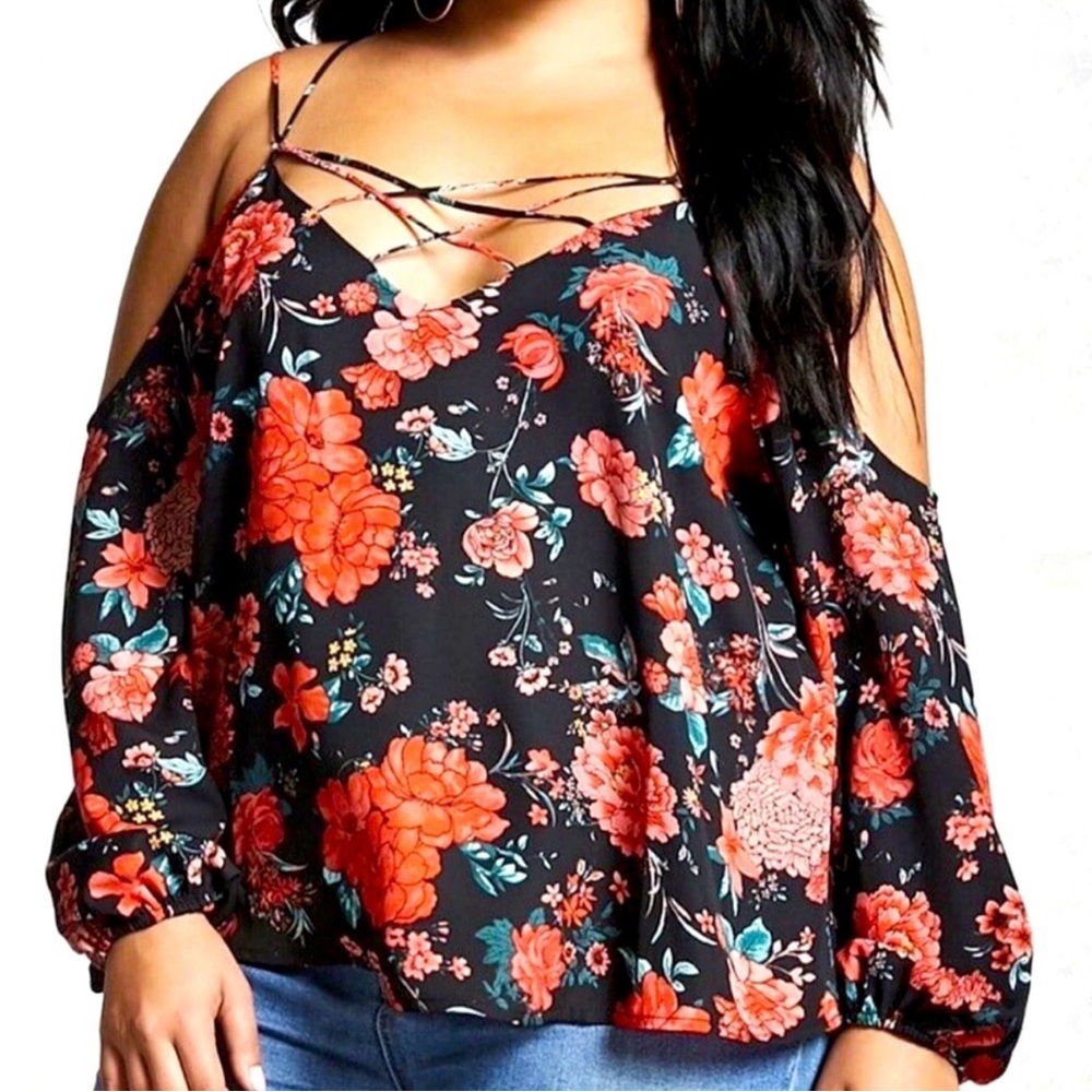 FOREVER 21 | Plus Floral Cold Shoulder Blouse Black and Red Size 3X
